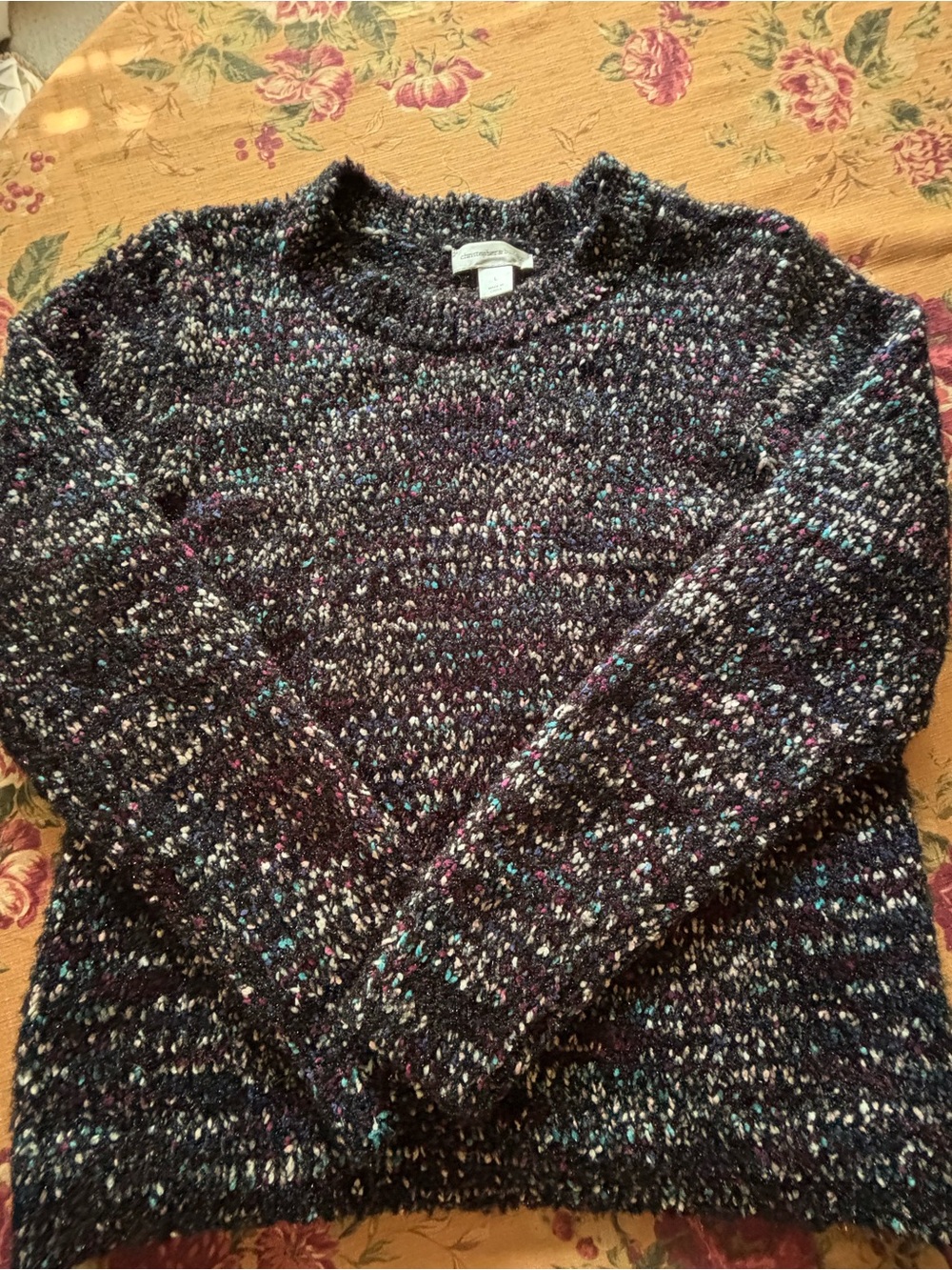Christopher & Banks Black Flecked Crewneck Sweater with Teal and Purple Speckles